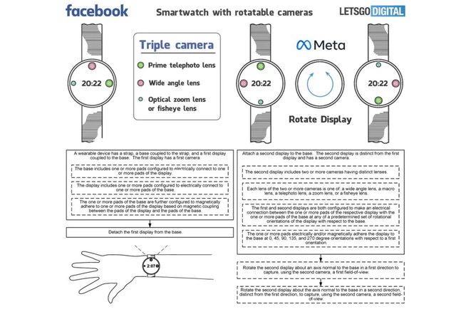 Патент на смарт-часы Meta Facebook показывает съемный дисплей и камеру